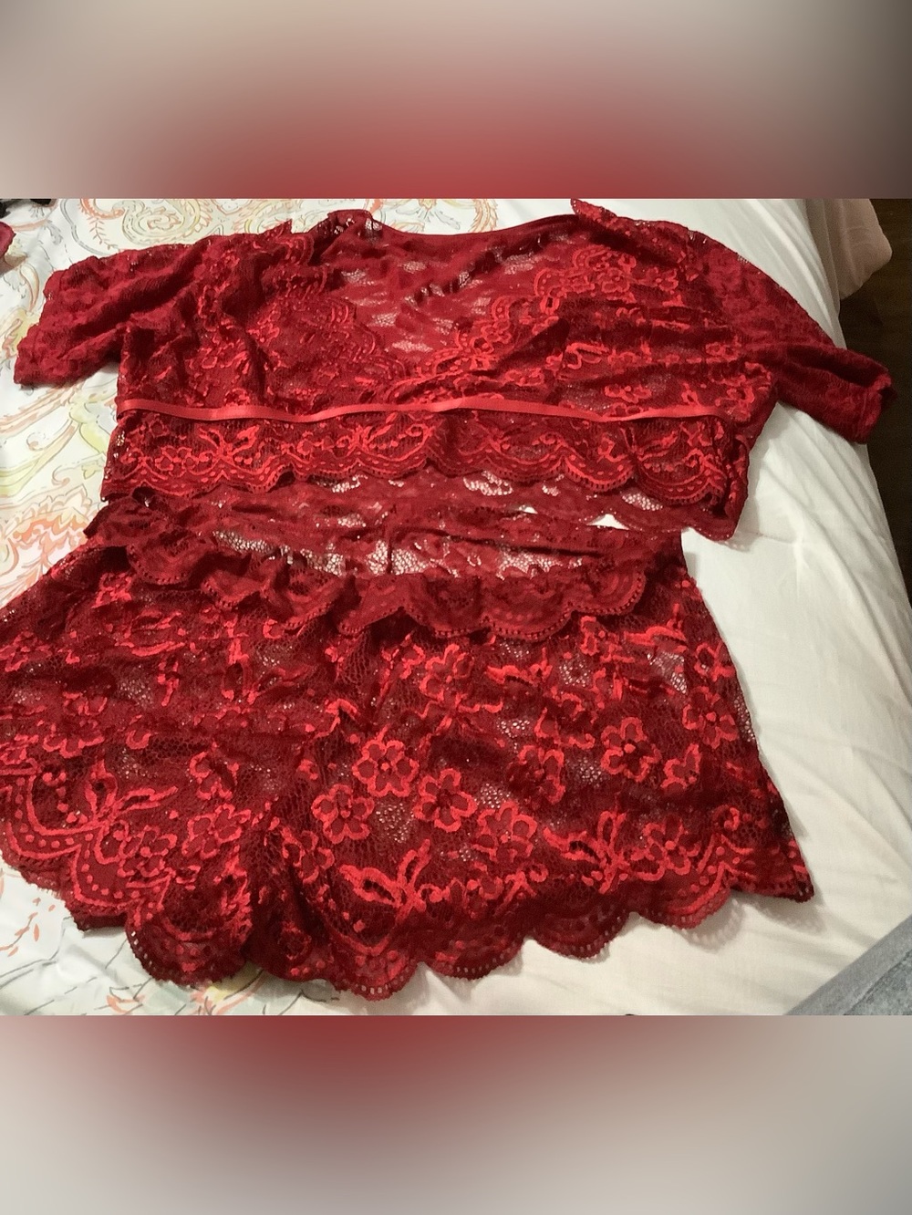 Red Lace Short Sleeve Crop Top - Women's Elegant Lace